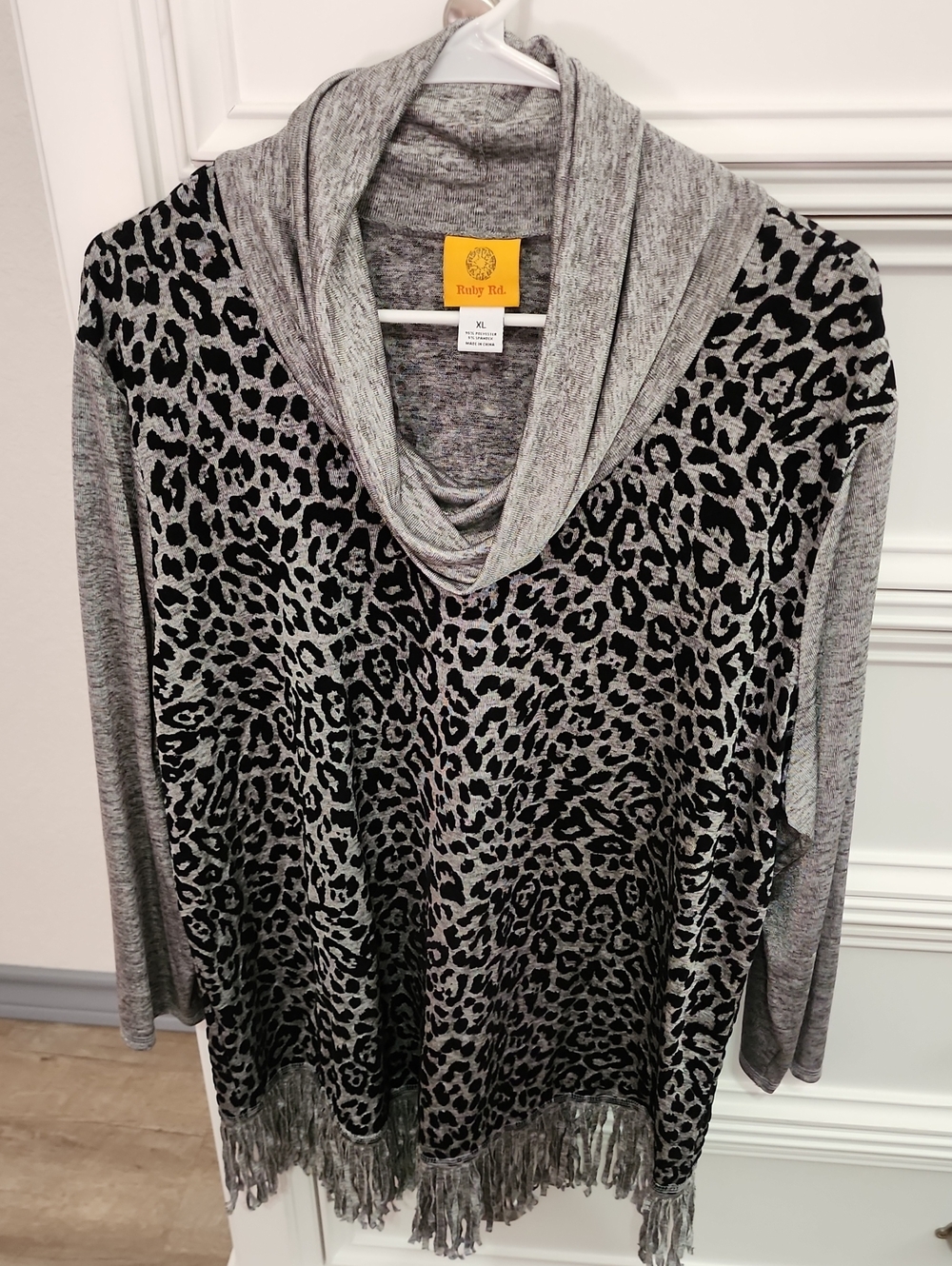 Ruby Rd. Gray Leopard Cowl Neck Fringe Sweater